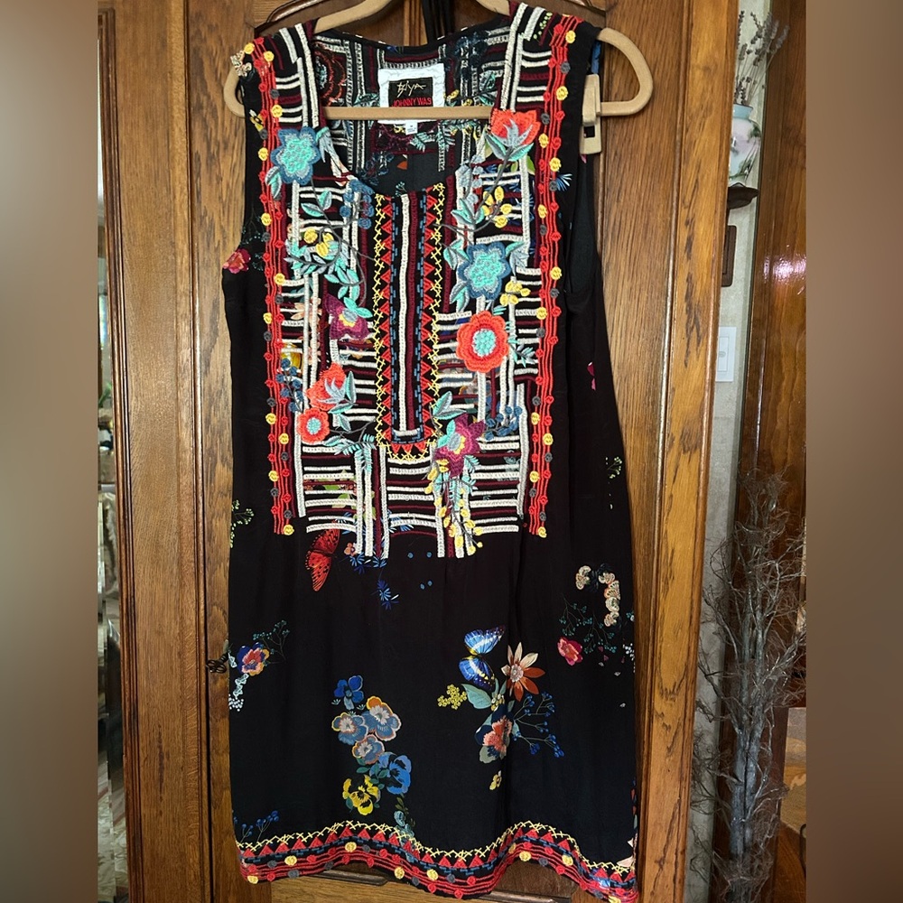 Johnny Was silk Embroidered Black Dress